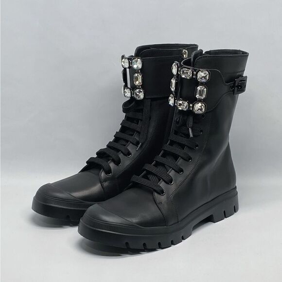 Roger Vivier Walkyviv Calfskin Crystal-Buckle Mid Boots size 41.5 - Picture 5 of 15